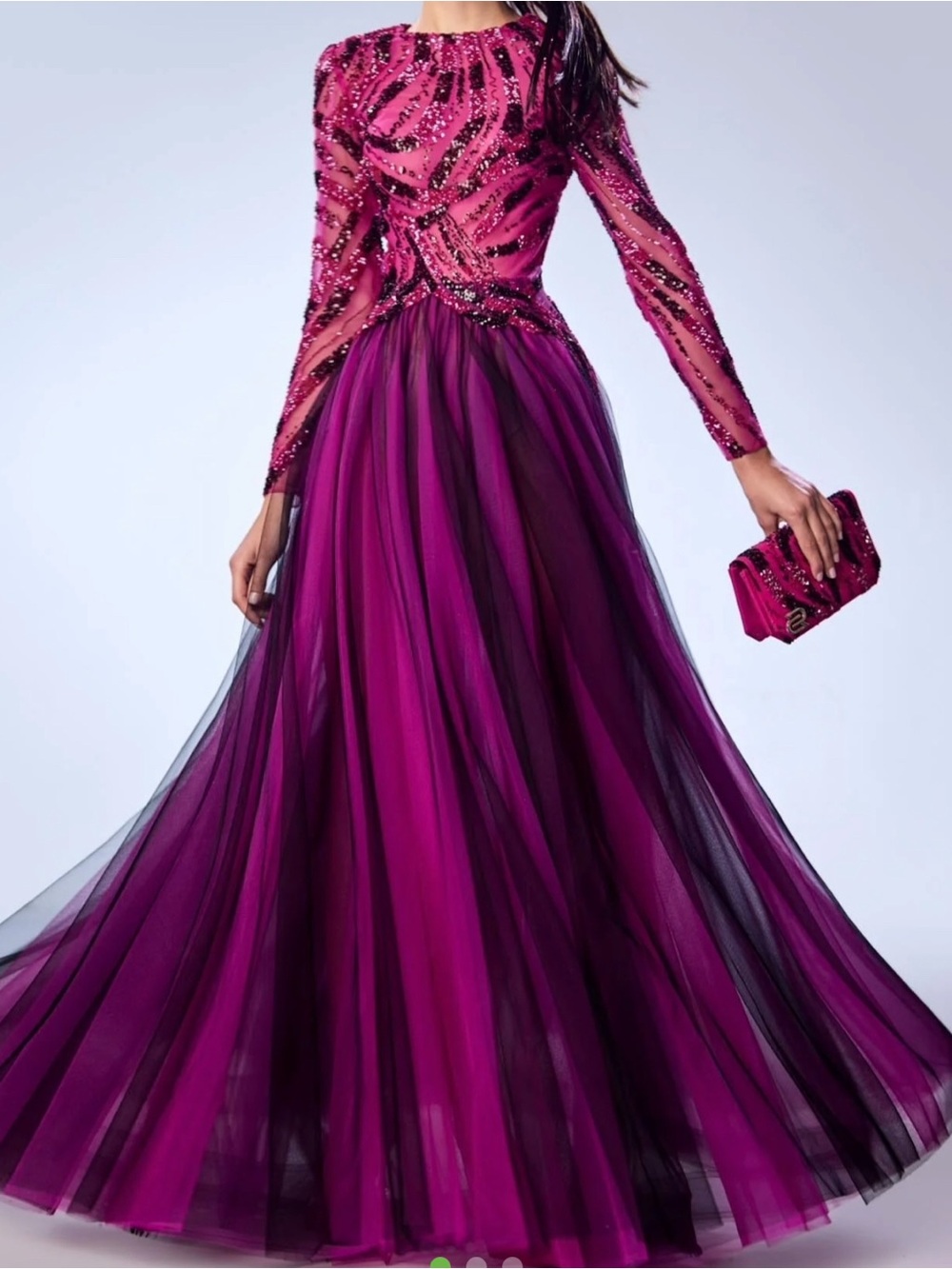 Fuchsia Long-Sleeve Beaded Tulle Gown
